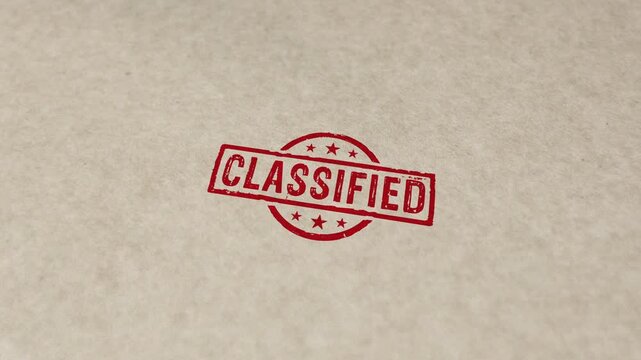 Classified stamp and hand stamping impact animation. Top secret government document 3D concept. 