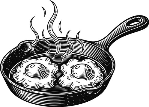 Frying pan with two sizzling fried eggs, hot breakfast cooking illustration in vintage woodcut