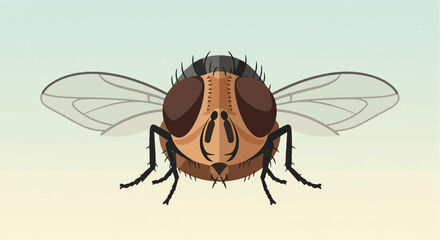 Close-up illustration of a stylized housefly, front view, with large compound eyes