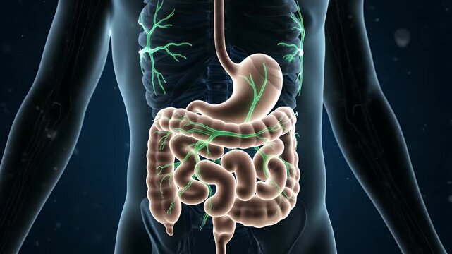 Medical Animation of Human Digestive System and Lymphatic Vessels on Dark Blue Background for Education and Healthcare