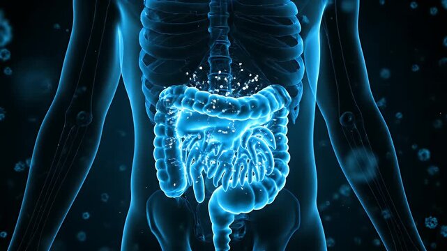 Medical Animation of Human Digestive System Gut Microbiome Intestinal Flora on Black Background for Pharmaceutical
