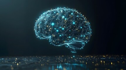 Digital representation of the human cerebrum formed by glowing interconnected nodes and lines hovers above a reflective surface
