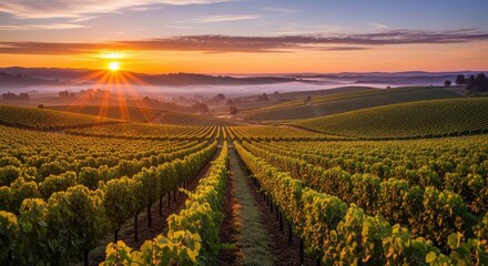 Serene Sunrise Over Rolling Hills of a Lush Vineyard, Bathed in Golden Light