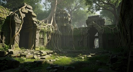 Ancient jungle temple ruins bathed in dappled sunlight, massive tree roots intertwining with weathered stone structures, evoking a sense of forgotten history and natural beauty