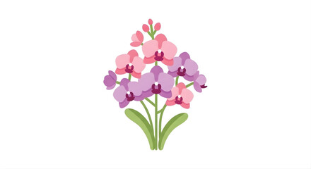 Naklejka premium Beautiful bouquet of pink and purple orchids with green leaves against a white background, representing elegance and nature's delicate beauty