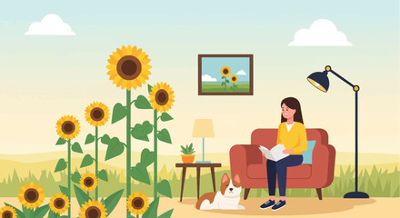 A woman relaxes on a couch reading a book next to sunflowers and her dog