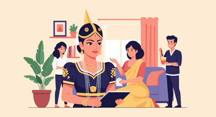 A family gathered at home, one in traditional attire with a tablet