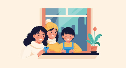 A family gathers by the window, enjoying a bright day with a potted plant