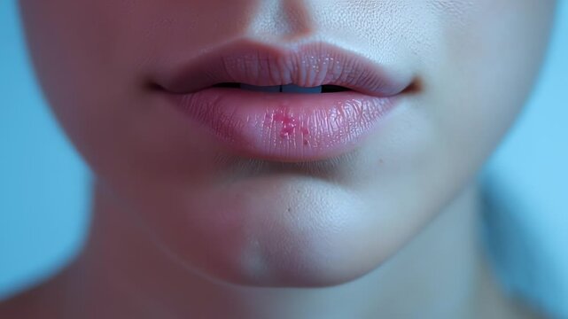 Close-up of lips with cold sore in soft blue lighting