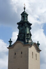 Fototapeta premium Ornate Baroque Tower of Historical Cathedral in Lviv with Verdigris Patina