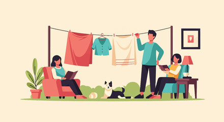 A family does laundry and relaxes in their backyard with a dog