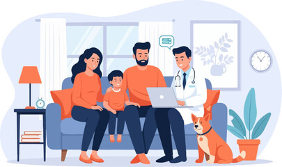 A family, doctor, and dog gather on a couch during a consultation