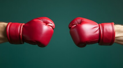Two opposing fists encased in bright red protective gear face each other against a deep teal background.