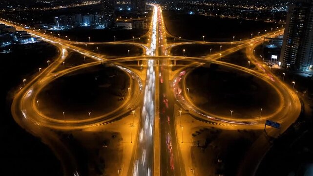 An elevated nighttime view of a massive highway interchange, dominated by brilliant yellow street lighting. Long exposure trails of vehicle headlights streak across the intricate loops and central la