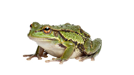 Fototapeta premium Green frog sitting calmly on a white background, showcasing its vibrant skin and detailed features