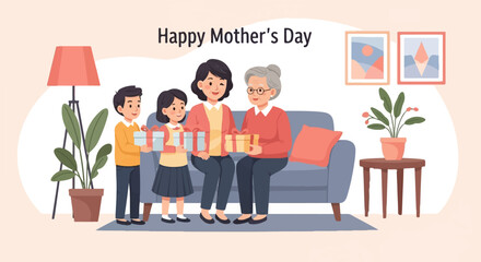 A family celebrates Mother's Day with gifts in a cozy living room