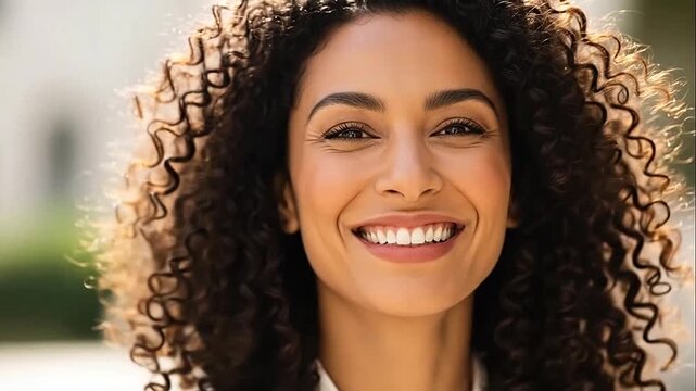 Happy African American Woman with Curly Hair Smiling Brightly Outdoors