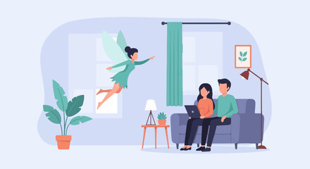 A fairy visits a couple working on a laptop in their cozy home