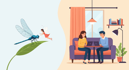 A fairy and a dragonfly near a leaf and a couple on laptops