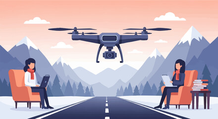 A drone hovers over a snowy landscape with two people seated in chairs