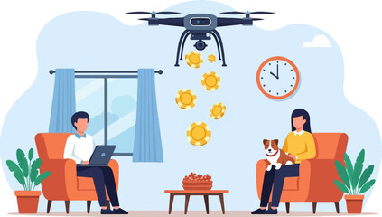 A drone delivers coins while people relax indoors with pets and plants