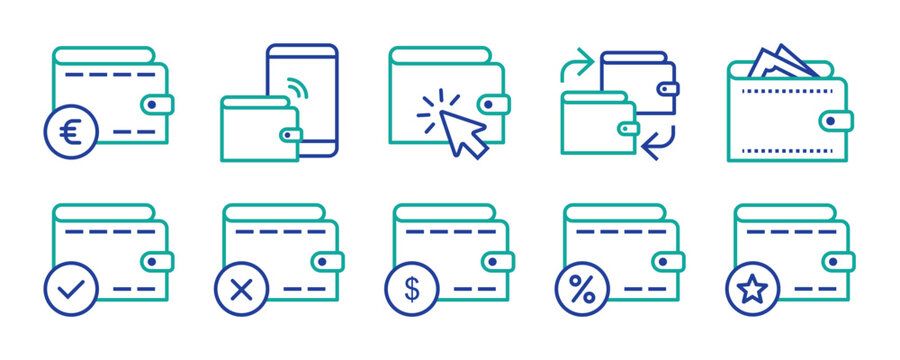 Wallet set of web icons in line style. A collection of linear icons representing wallet concepts, including cash, credit cards, digital wallet, money, security, payment, mobile wallet. Editable stroke