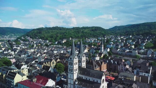 circling aerial view of the church in Boppard along the Rhine Valley