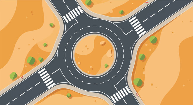 Aerial view of a modern roundabout with pedestrian crossings and desert landscaping