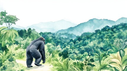 Fototapeta premium Bwindi Impenetrable Forest - Gorilla Trekking. Bwindi Impenetrable Forest - Gorilla Trekking hand drawn watercolor illustration on white background