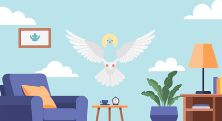 A dove with halo hovers over a cozy living room with a chair, lamp, and plant