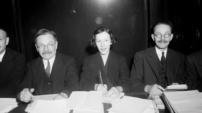 Cinco hombres y una mujer sentados alrededor de una mesa, aparentemente deliberando sobre documentos.