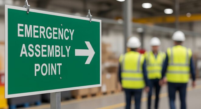 Emergency Assembly Point Sign at Construction Site, Workplace Safety and Evacuation Meeting Area, Industrial Hazard Preparedness Concept