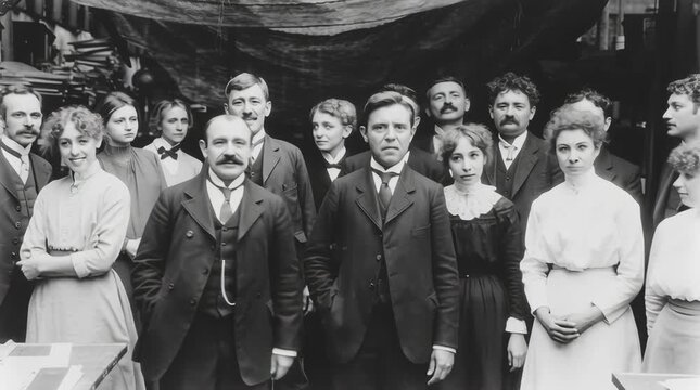 Fotograf&iacute;a en blanco y negro de un grupo de cient&iacute;ficos e investigadores en un laboratorio.