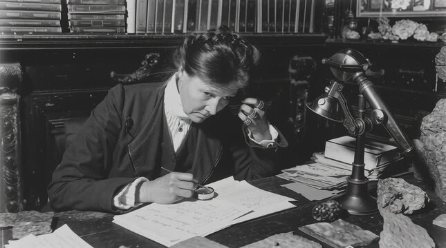 Una mujer joven, vestida con ropa de &eacute;poca, trabaja diligentemente en un escritorio lleno de espec&iacute;menes geol&oacute;gicos.