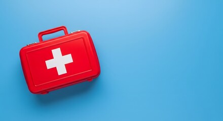 Fototapeta premium Red First Aid Kit on Blue Background, Emergency Medical Equipment, Healthcare Safety Concept, Preparedness for Accidents and Injuries