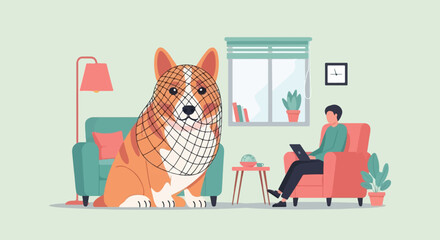 A dog wearing a net sits in a room with a person on a laptop