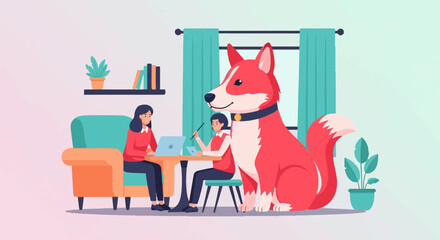 A dog watches two people work on laptops at a table in a room