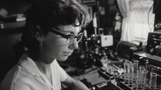 Una joven cient&iacute;fica absorta en su trabajo en un laboratorio antiguo.