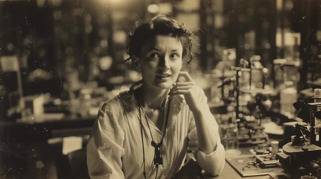 Una cient&iacute;fica joven, absorta en sus pensamientos, en un laboratorio de principios del siglo XX.