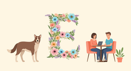 A dog stands near a floral letter and a couple works on a laptop