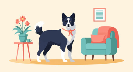 A dog stands next to a chair and plant in a room