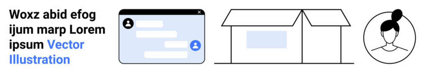 Obraz premium Digital communication, online shopping, packaging, identity, user profiles, technology. Chat window for messaging, delivery box sketch female profile icon text placeholder. Digital communication