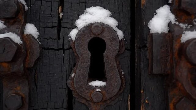 A sequence of close-ups captures rusty, ornate keyholes and metal hardware dusted with snow, contrasted sharply against the dark, charred texture of an ancient wooden door.