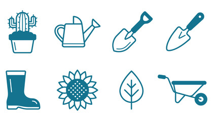 Gardening Tools and Plants Icon Set Vector Illustration