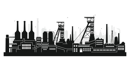 A striking black silhouette of an industrial cityscape featuring factories smokestacks and cranes on transparent background high quality professional detailed modern