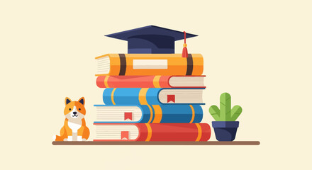 A dog sits by a stack of books topped with a graduation cap next to a potted plant