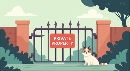 A dog sits beside a gate with a "private property" sign