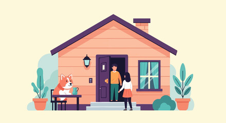 A dog sits at a table outside a home with two people at the door