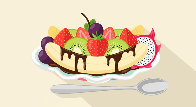 A fruit split with strawberries, kiwi, grapes, banana and dragon fruit