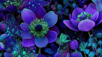Vibrant Glowing Flowers in Ultraviolet Light with Purple and Blue Hues